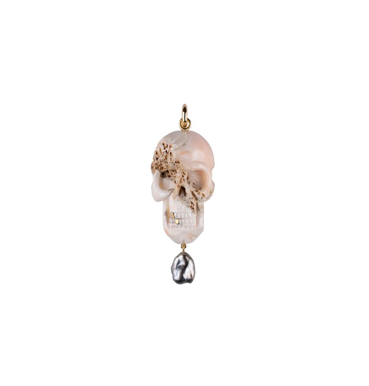 Coral Skull Pendant with Keshi Pearl