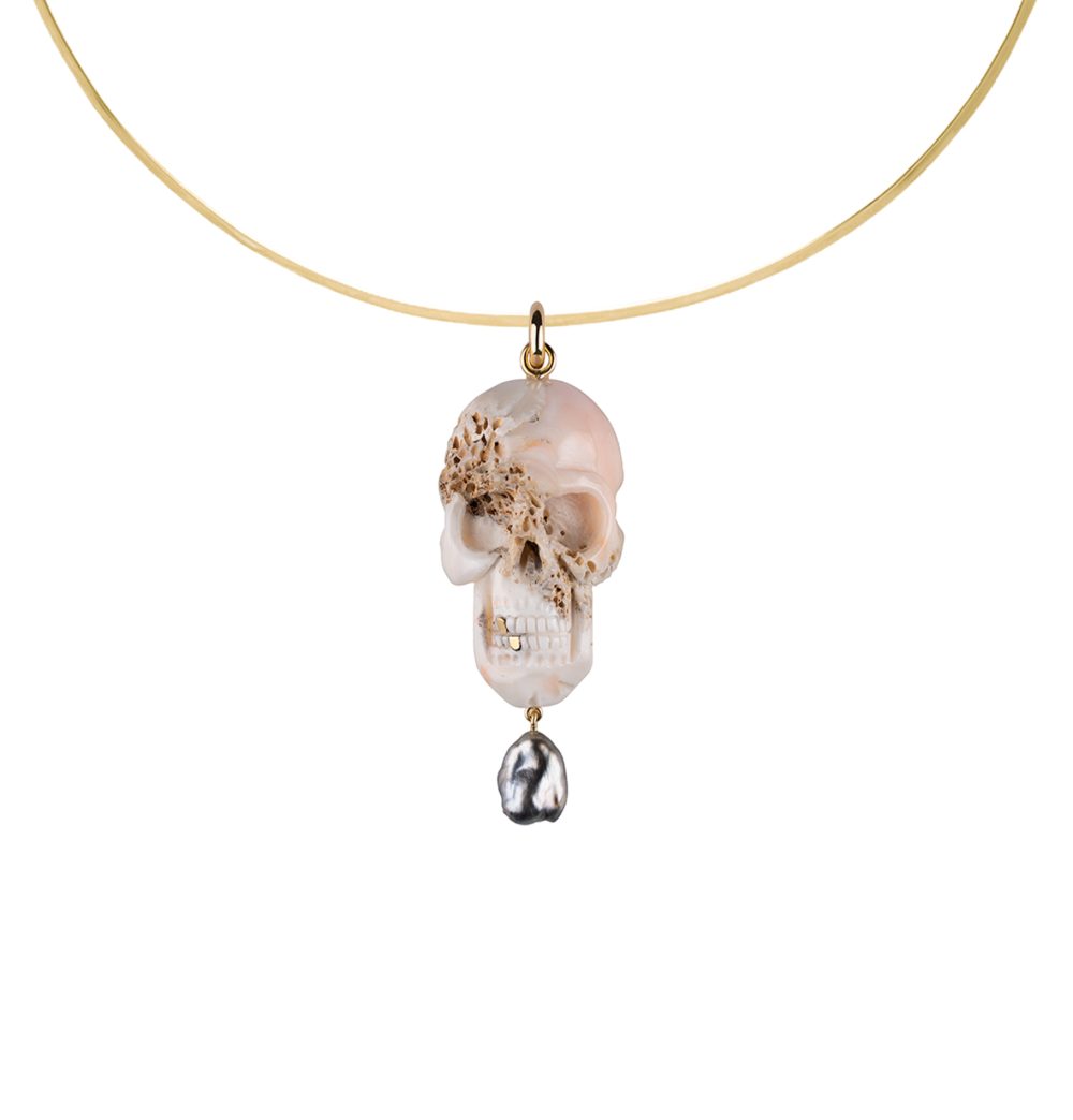 Coral Skull Pendant with Keshi Pearl - Image 2