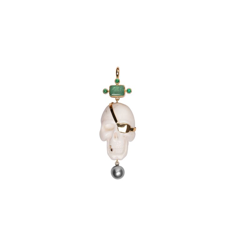 Coral Skull Pendant with Emerald & Keshi Pearl