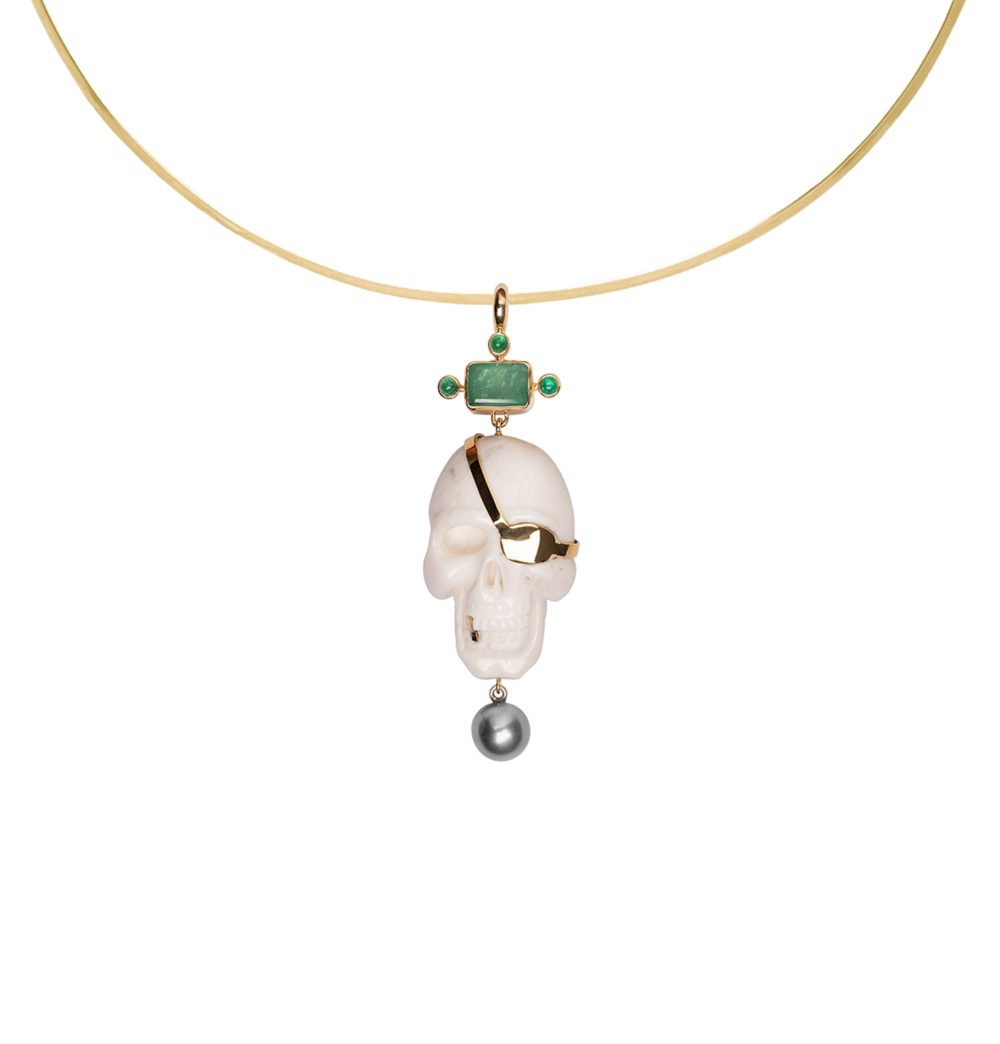 Coral Skull Pendant with Emerald & Keshi Pearl - Image 2
