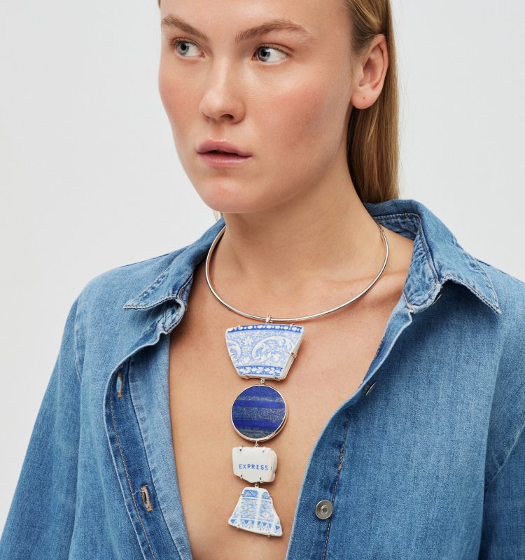 Pebble & Vintage Ceramic Silver Necklaces